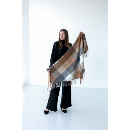 Велика коричнева кашемірова хустка косинка в клітину CASHMERE